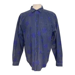 Vintage GITANO Men's XL Blue Striped Purple Rose Button-up Shirt Bold Colorful